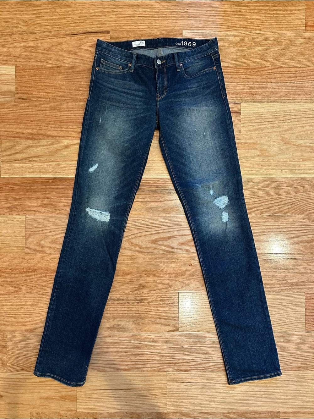 Gap Women's Dark Blue Distressed Real Straight Skinny Jeans Sz 29 Extra Long